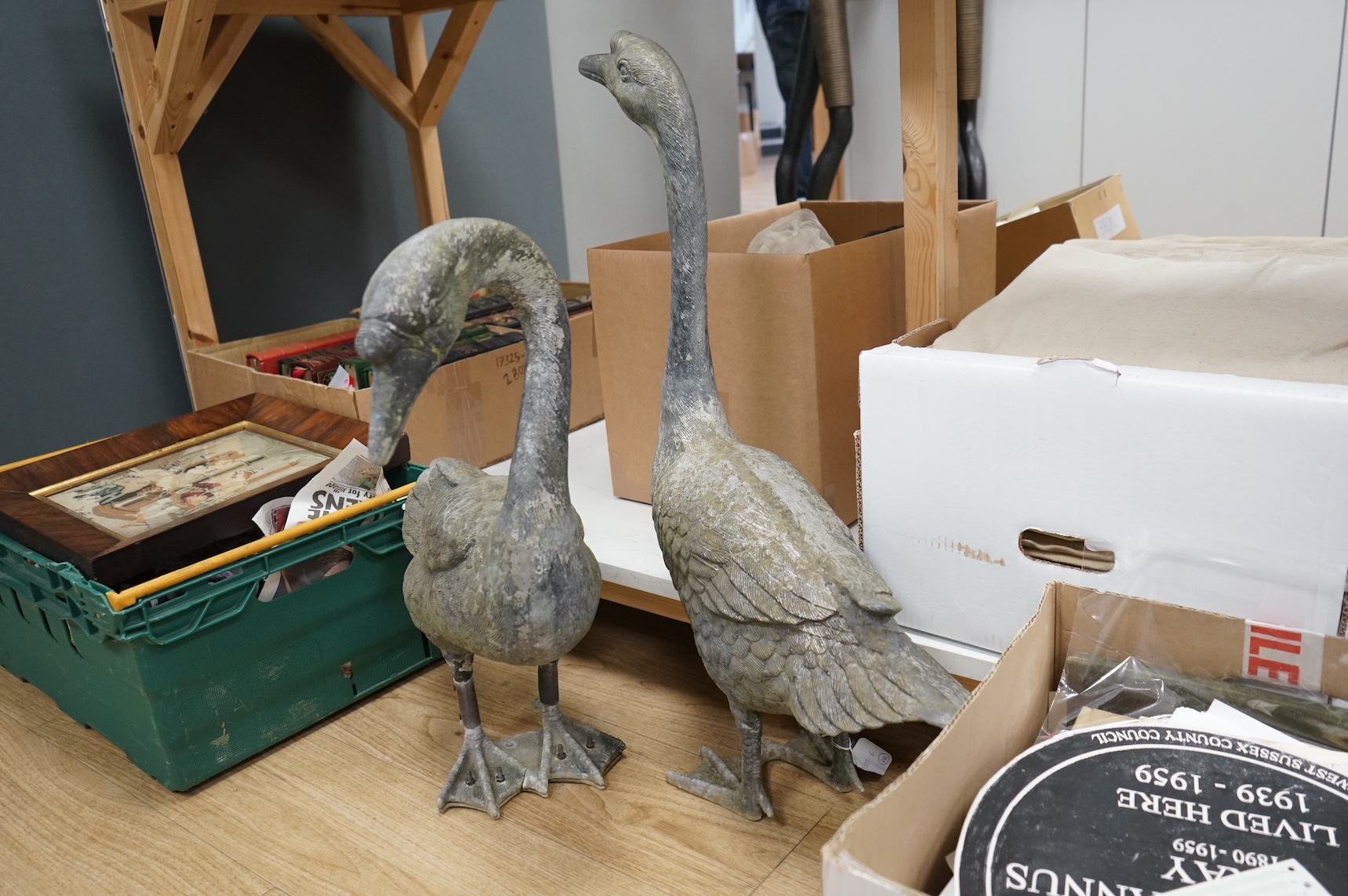 A pair of silvered metal ‘geese’, 70cm